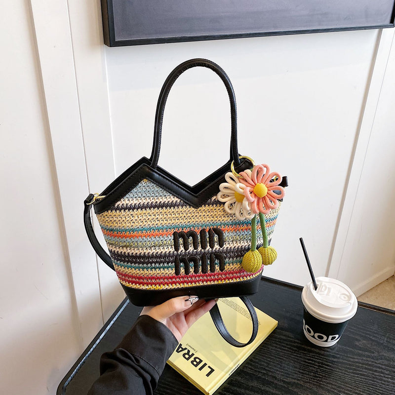 Rainbow Stripe Miu Woven Tote Large Capacity Luxury Bag