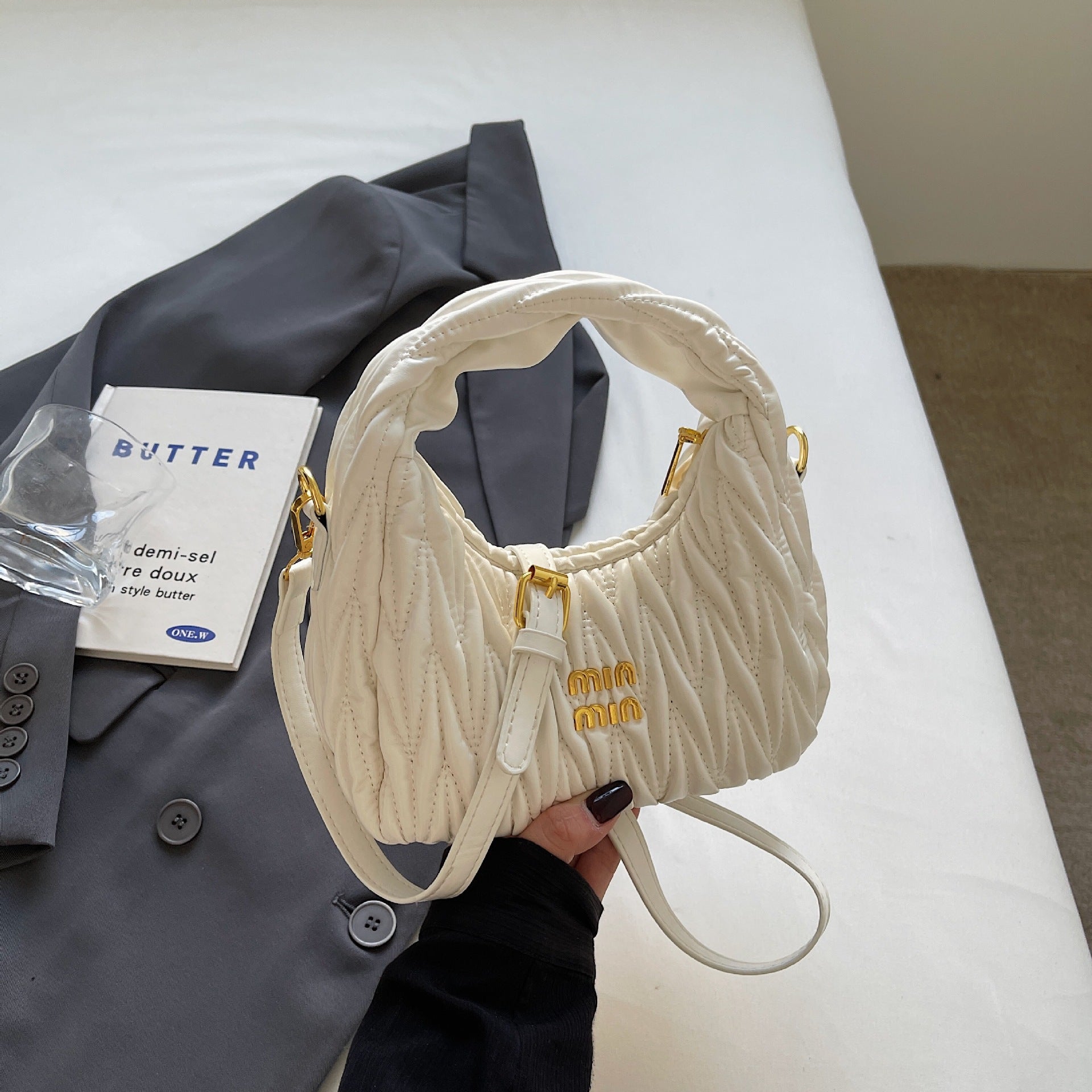 Miu Pleated Cloud Embroidery Crescent Shoulder Bag