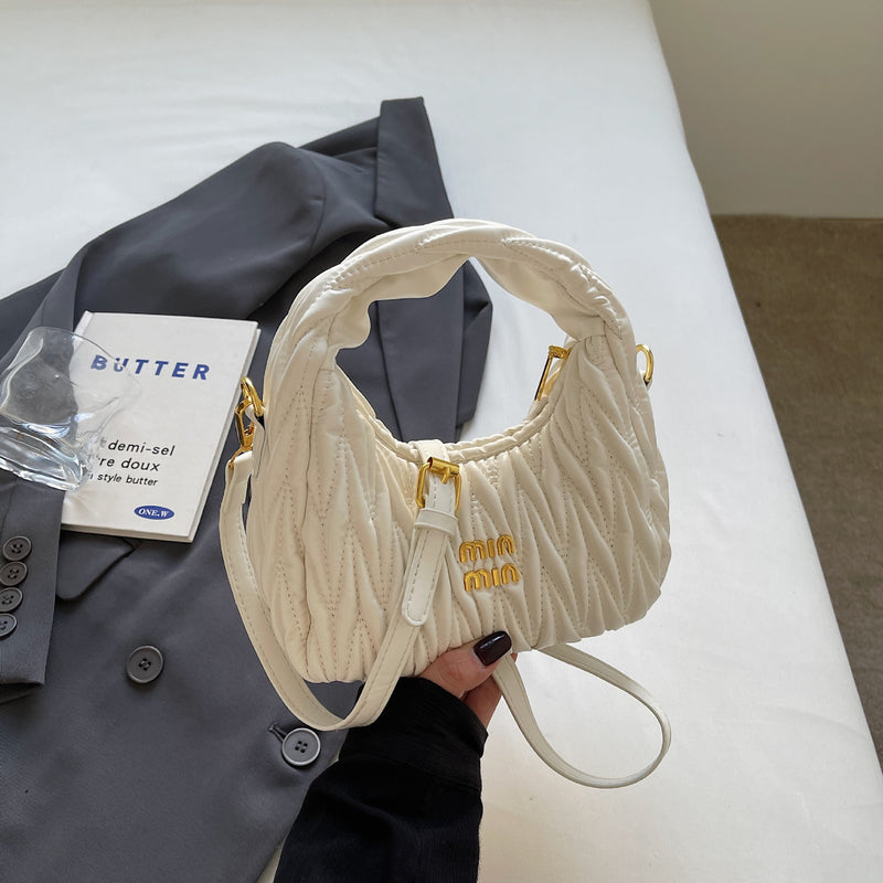 Miu Pleated Cloud Embroidery Crescent Shoulder Bag