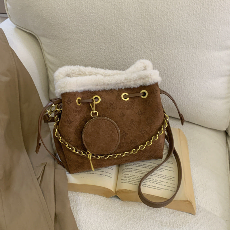 Retro Suede Splicing Bucket Bag Chain Shoulder Messenger Handbag