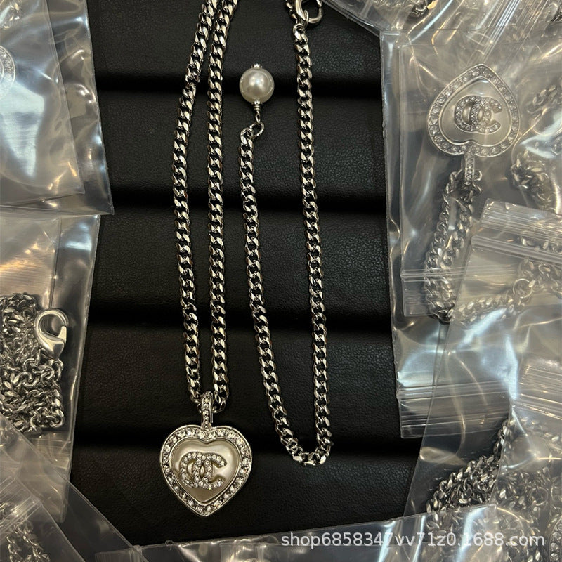 Women's Crystal Pearl Necklace - Heart Pendant, Diamond, Blue & Pink