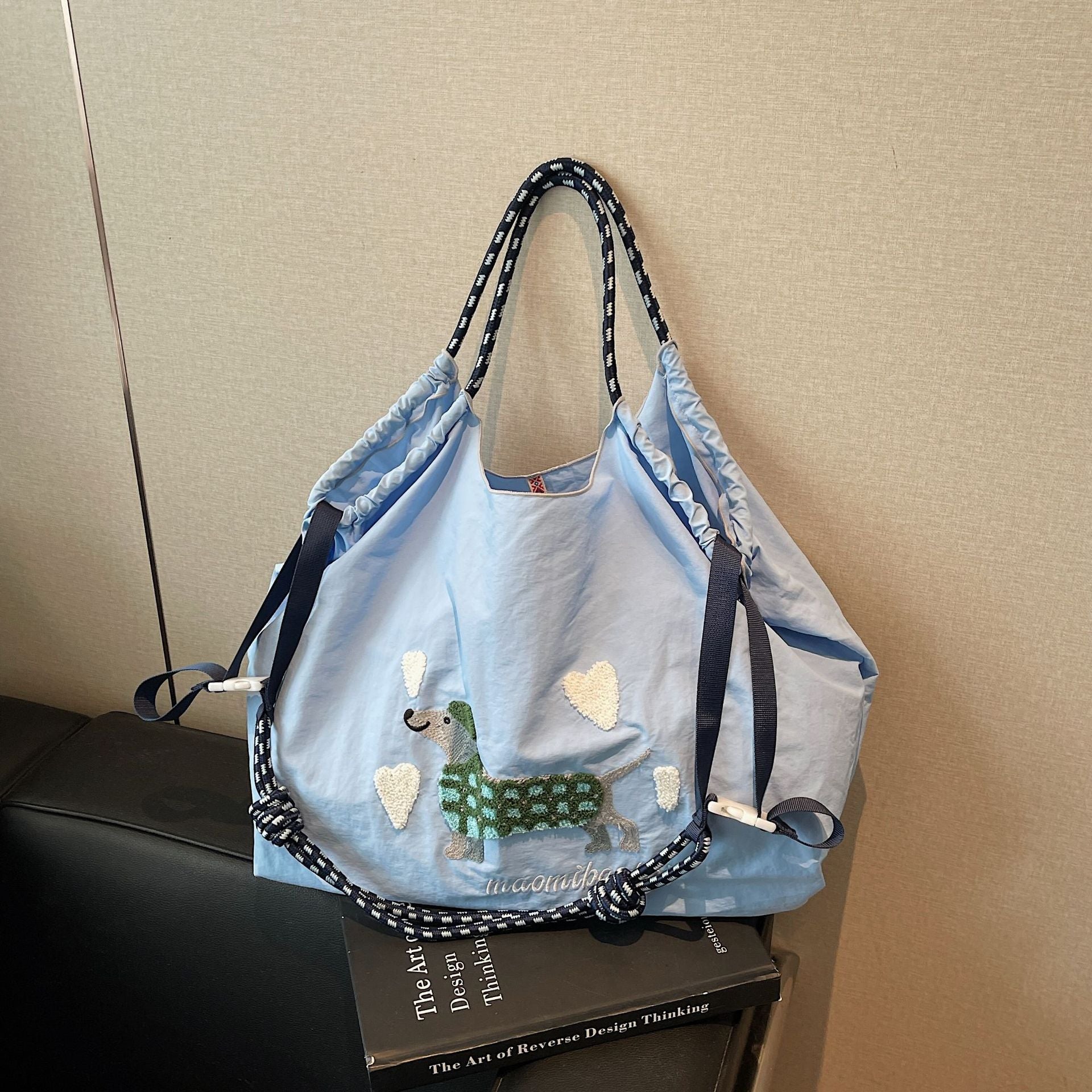 Nylon Dog Embroidery Handbag Folding Shoulder Cartoon Large Capacity Messenger Bag