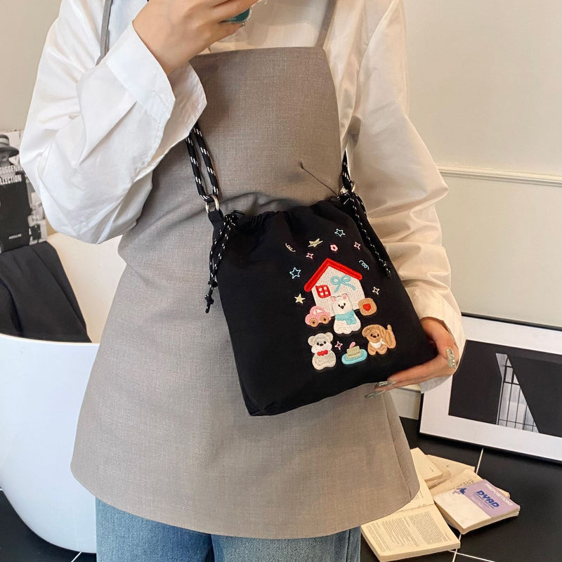 Embroidery Ball Chain Drawstring Shoulder Bag