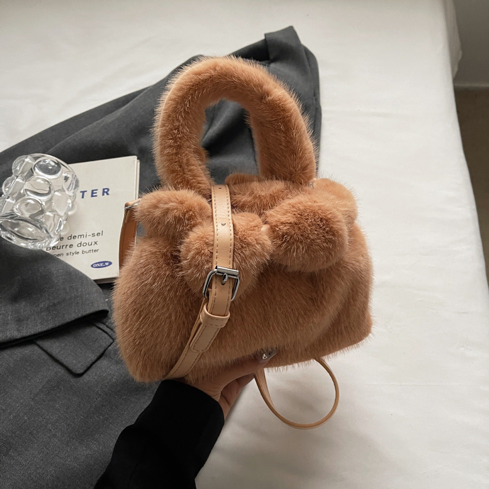 Retro Plush Bow Bag Fluffy Fashion Messenger Bag