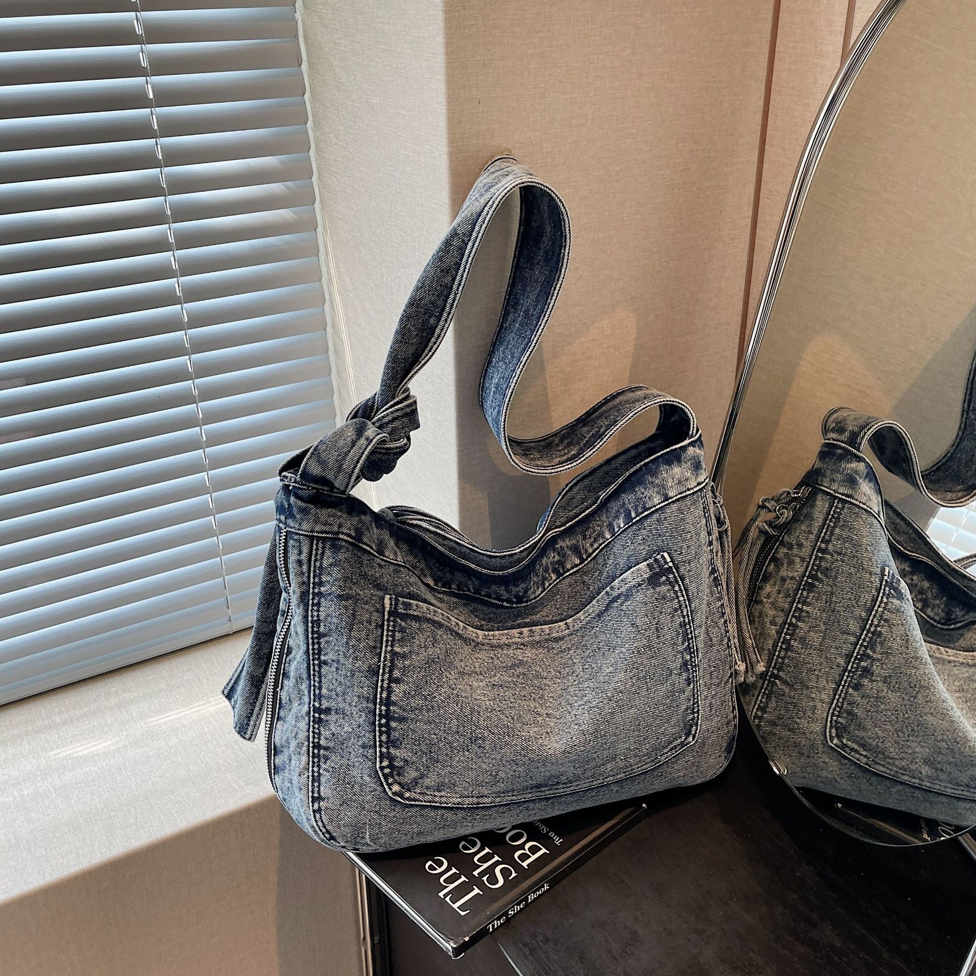 Splicing Contrast Shoulder Bag Denim Messenger Large Capacity Pillow Bag
