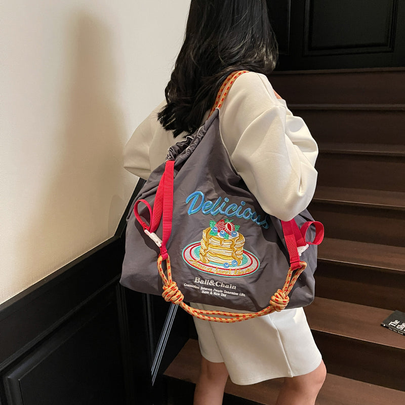 Nylon Embroidered Shoulder Tote Bag for Women
