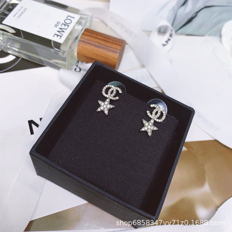 Star Double C Diamond Stud Earrings - Celebrity Style Antique Design