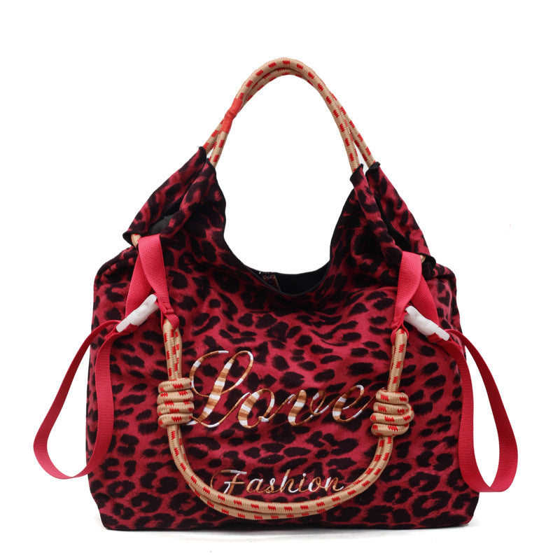 Retro Leopard Print Shoulder Bag Ball Chain Tote Women's Fashion Handbag