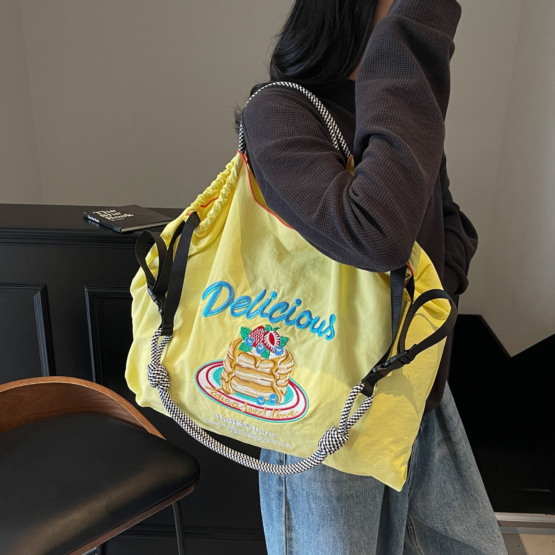 Nylon Embroidered Shoulder Tote Bag for Women