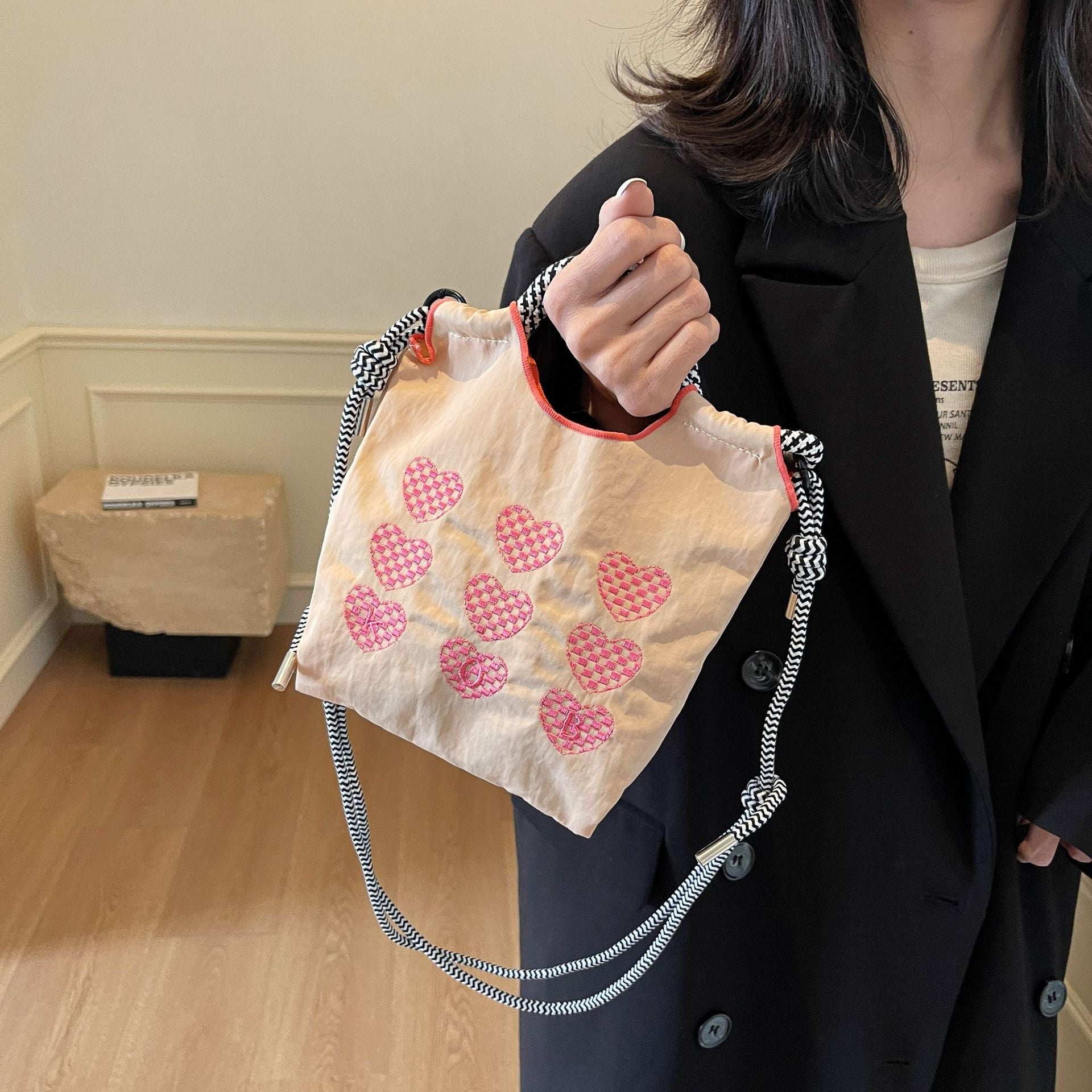 Ese Ball Chain Embroidery Love Shoulder Bag Shopping Bag Nylon Fashion Casual Portable Shoulder Messenger Bag