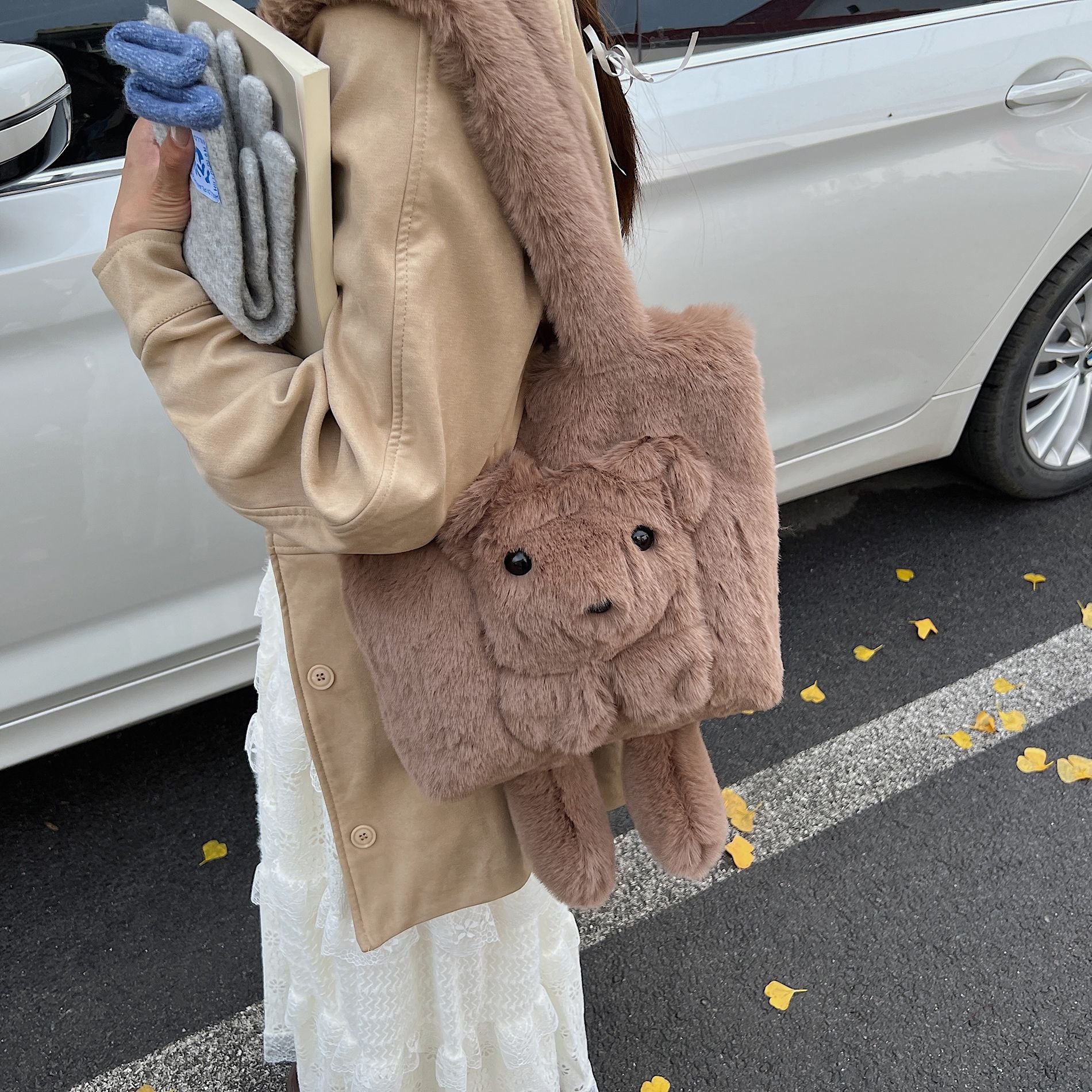 Cute Bear Plush Shoulder Bag for Women Autumn Winter Commuter Tote