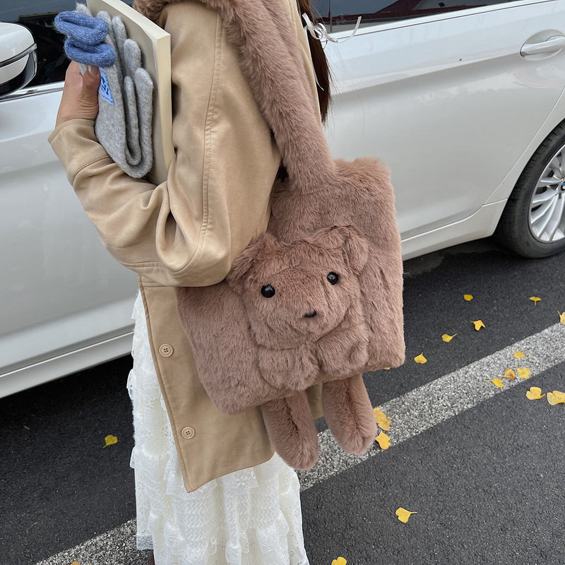 Cute Bear Plush Shoulder Bag for Women Autumn Winter Commuter Tote