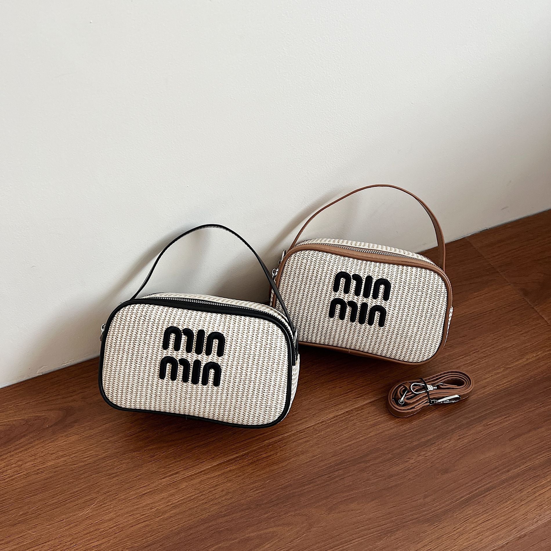 Miu Small Square Straw Woven Shoulder Bag