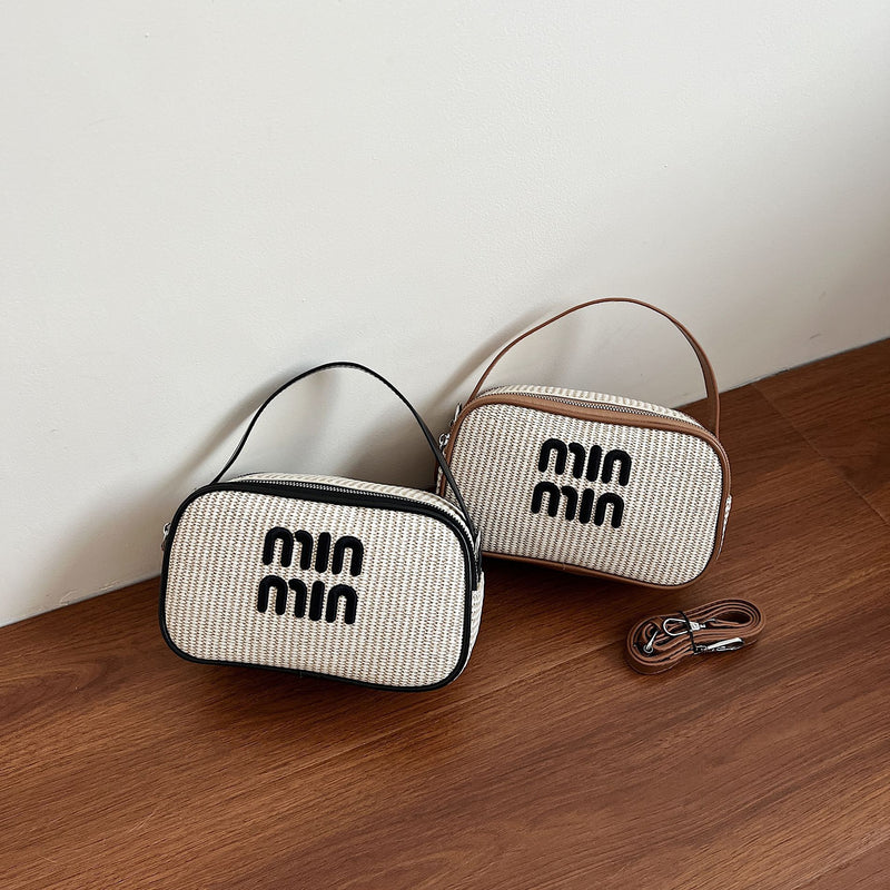 Miu Small Square Straw Woven Shoulder Bag