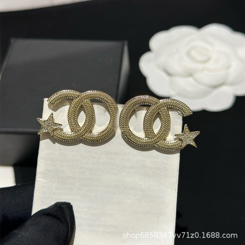 Star Double C Diamond Stud Earrings - Celebrity Style Antique Design