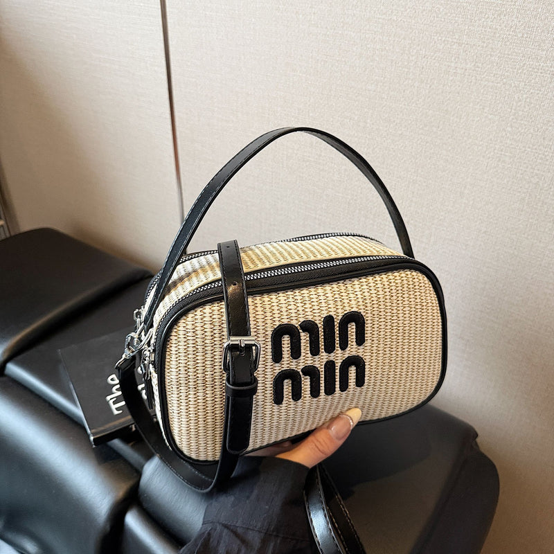 Miu Small Square Straw Woven Shoulder Bag