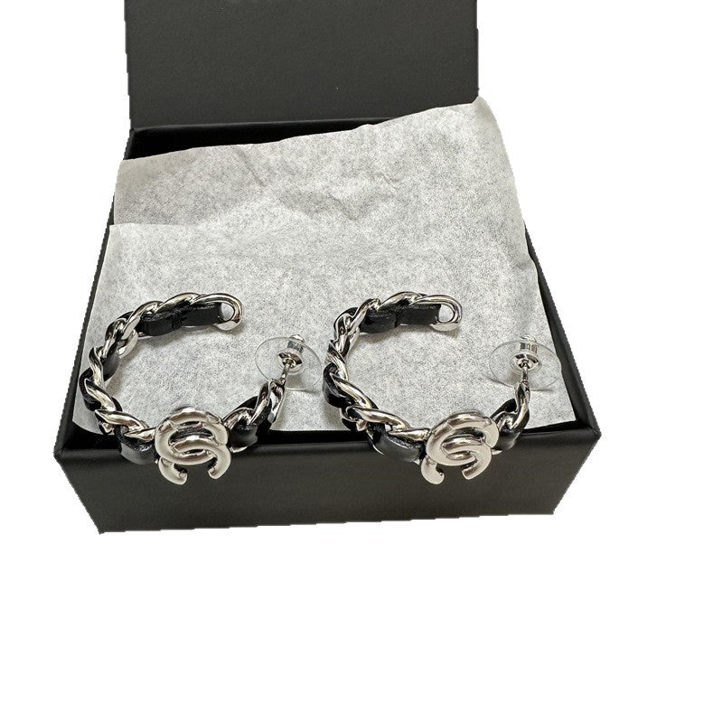 Premium Leather Stud Earrings for Grandma - Light Luxury Double C Design