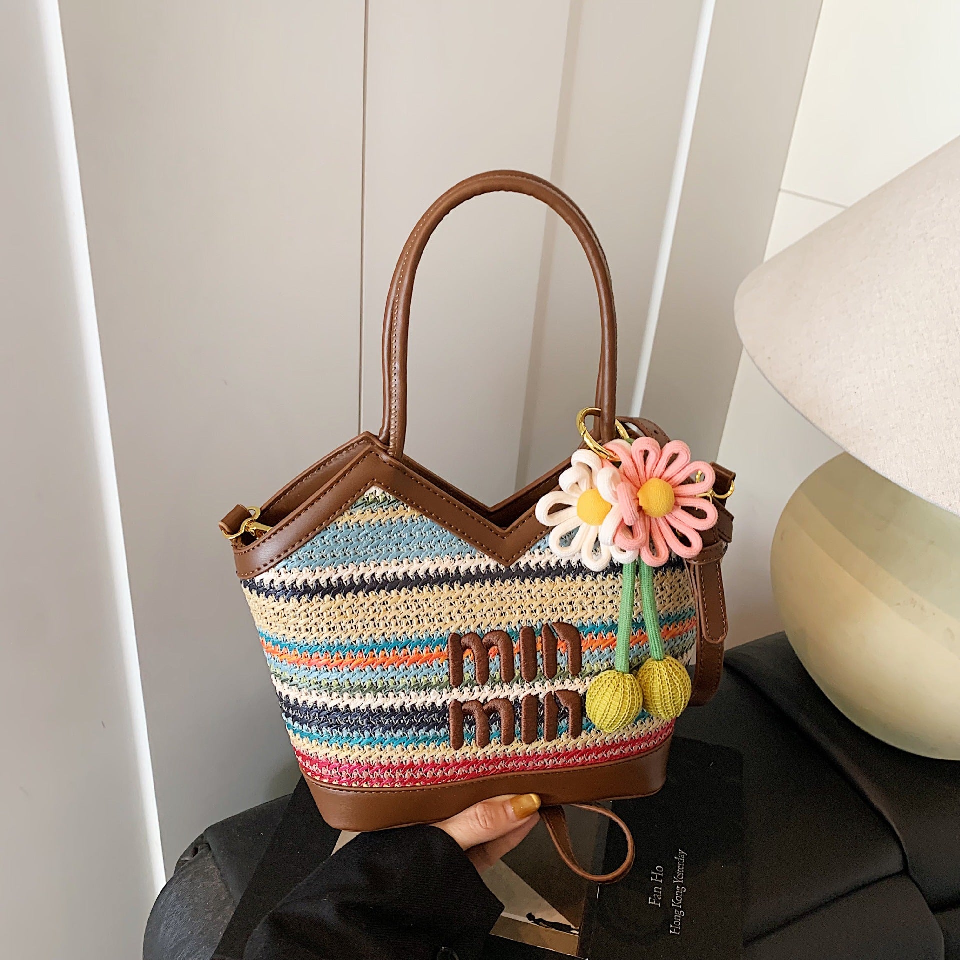Rainbow Stripe Miu Woven Tote Large Capacity Luxury Bag
