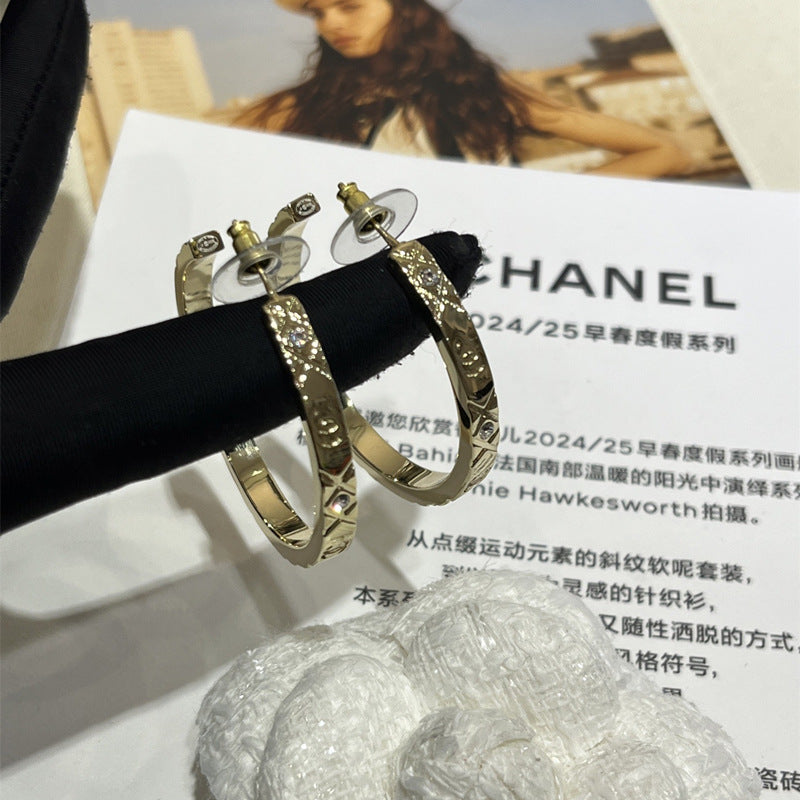 Rhombus Double C Letter Diamond Earrings Women's 925 Silver