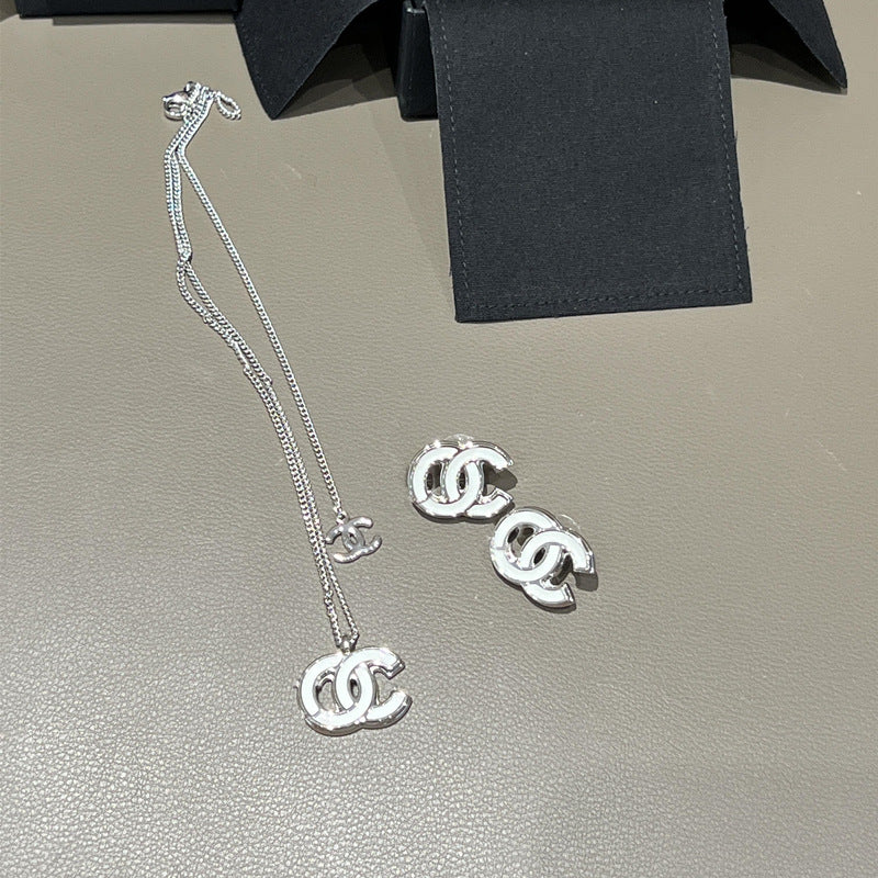 White Enamel Double C Letter Earrings 925 Silver Needle Women Set