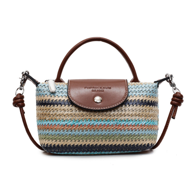 Rainbow Woven Straw Shoulder Bag Casual Crossbody Handbag