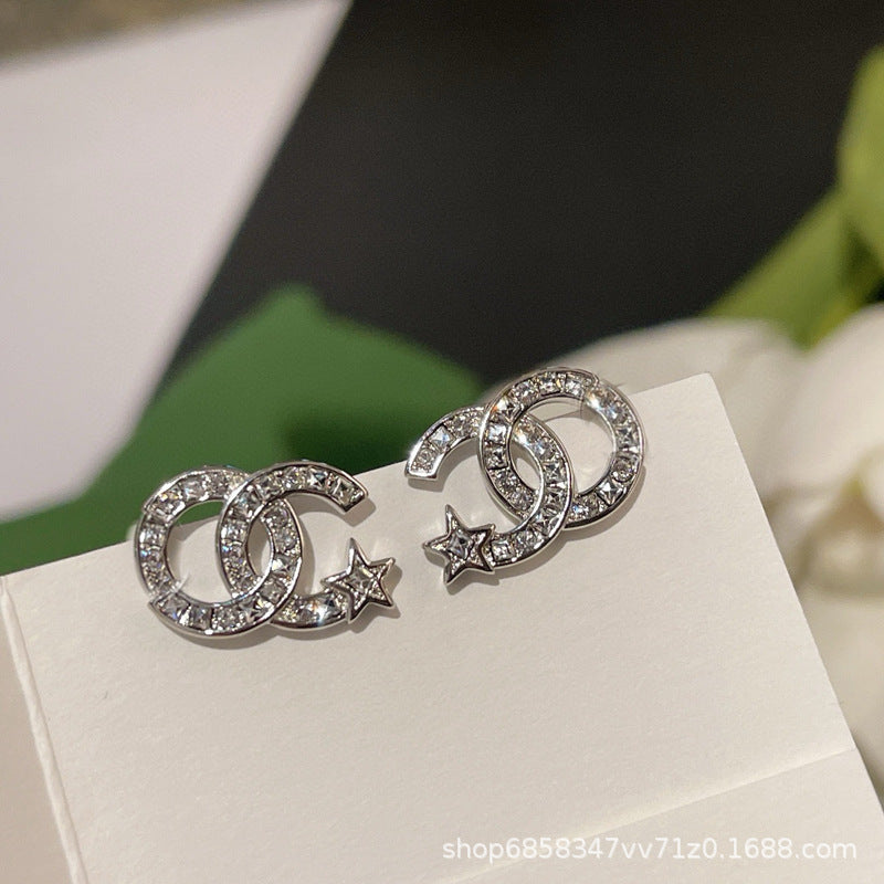 Star Double C Diamond Stud Earrings - Celebrity Style Antique Design