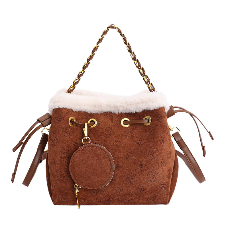 Retro Suede Splicing Bucket Bag Chain Shoulder Messenger Handbag