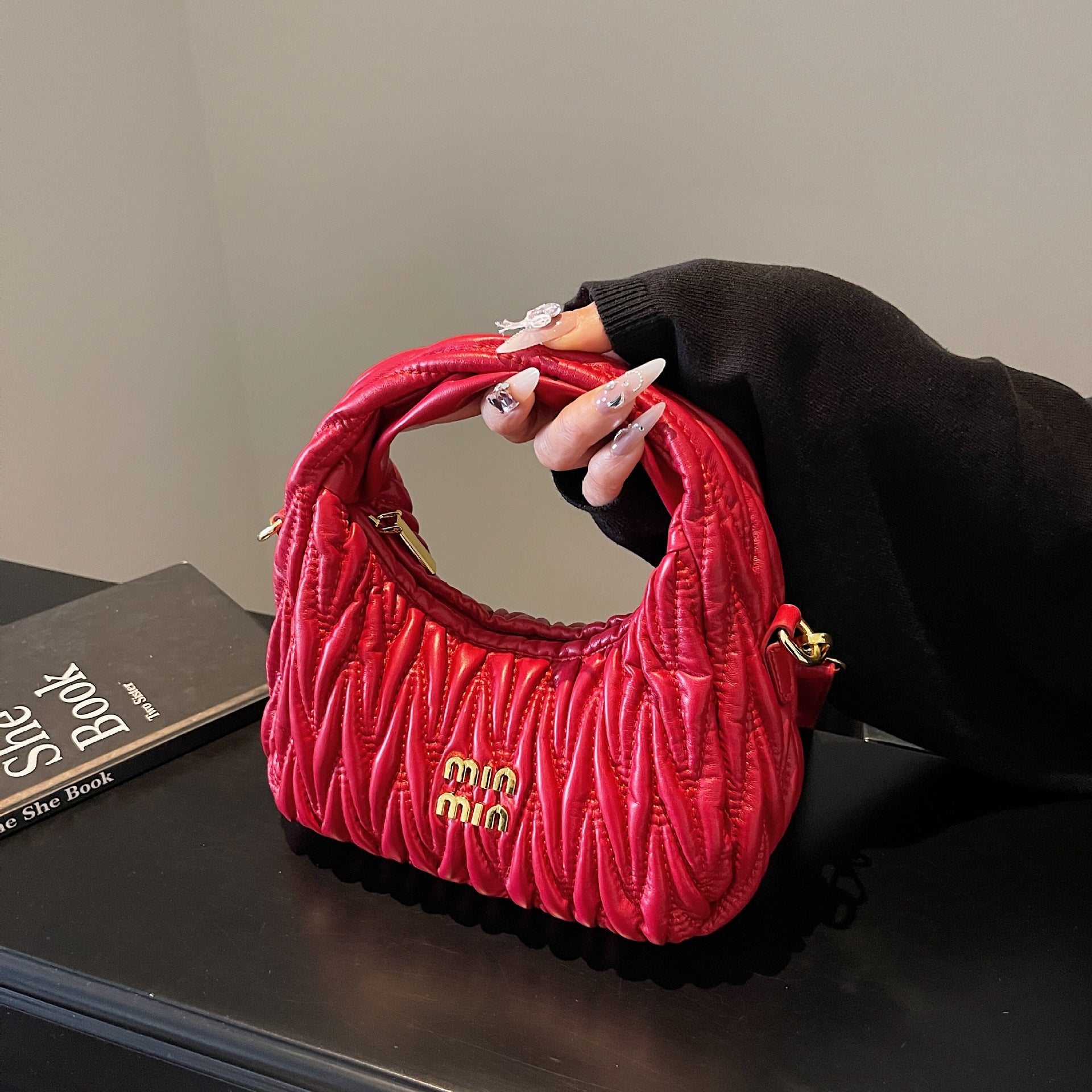 Miu Pleated Cloud Embroidery Crescent Shoulder Bag