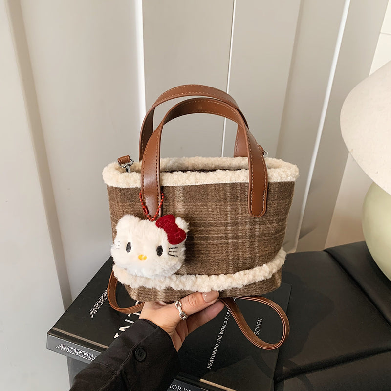 Cute Plaid Portable Bucket Bag Messenger Bag