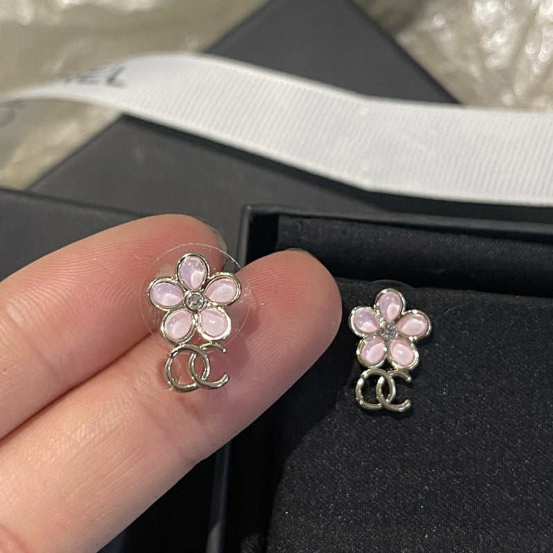 Pink Glazed Flower 925 Silver Stud Earrings for Women