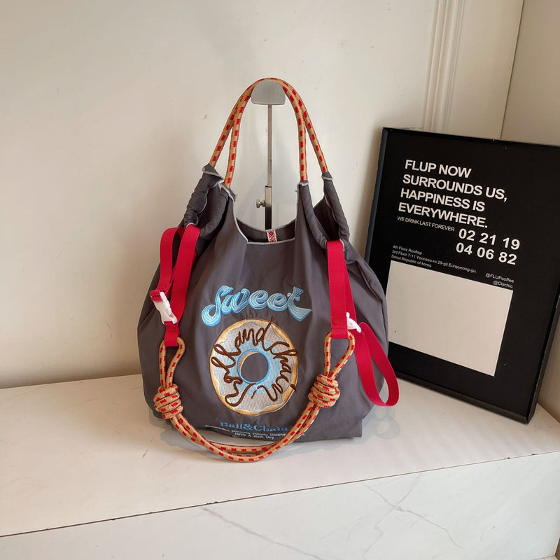 Embroidered Donut Ball Chain Nylon Bag Lightweight Eco-Friendly Shopping Bag