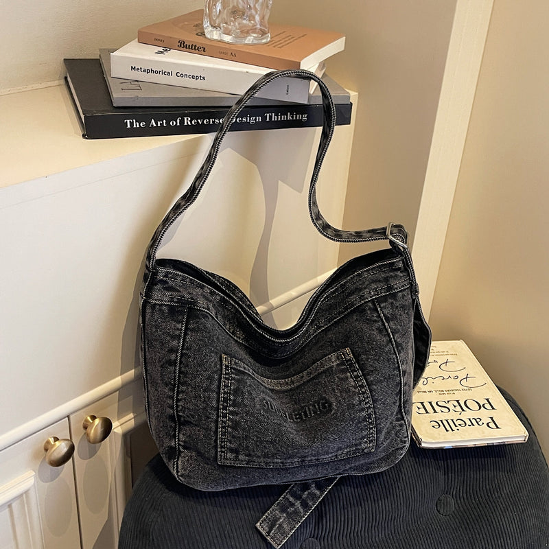 Large Capacity Denim Commuter Tote Bag