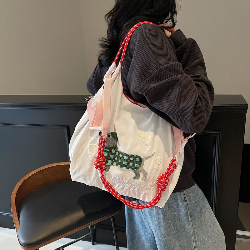 Nylon Dog Embroidery Handbag Folding Shoulder Cartoon Large Capacity Messenger Bag
