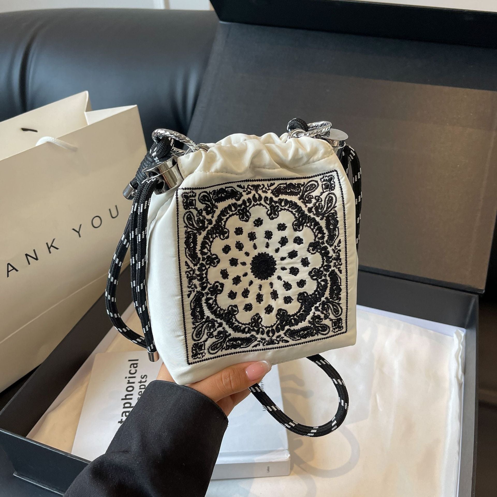 Embroidered Ball Chain Drawstring Bucket Bag Lightweight Crossbody Shoulder Bag
