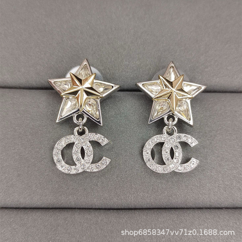 Star Double C Diamond Stud Earrings - Celebrity Style Antique Design