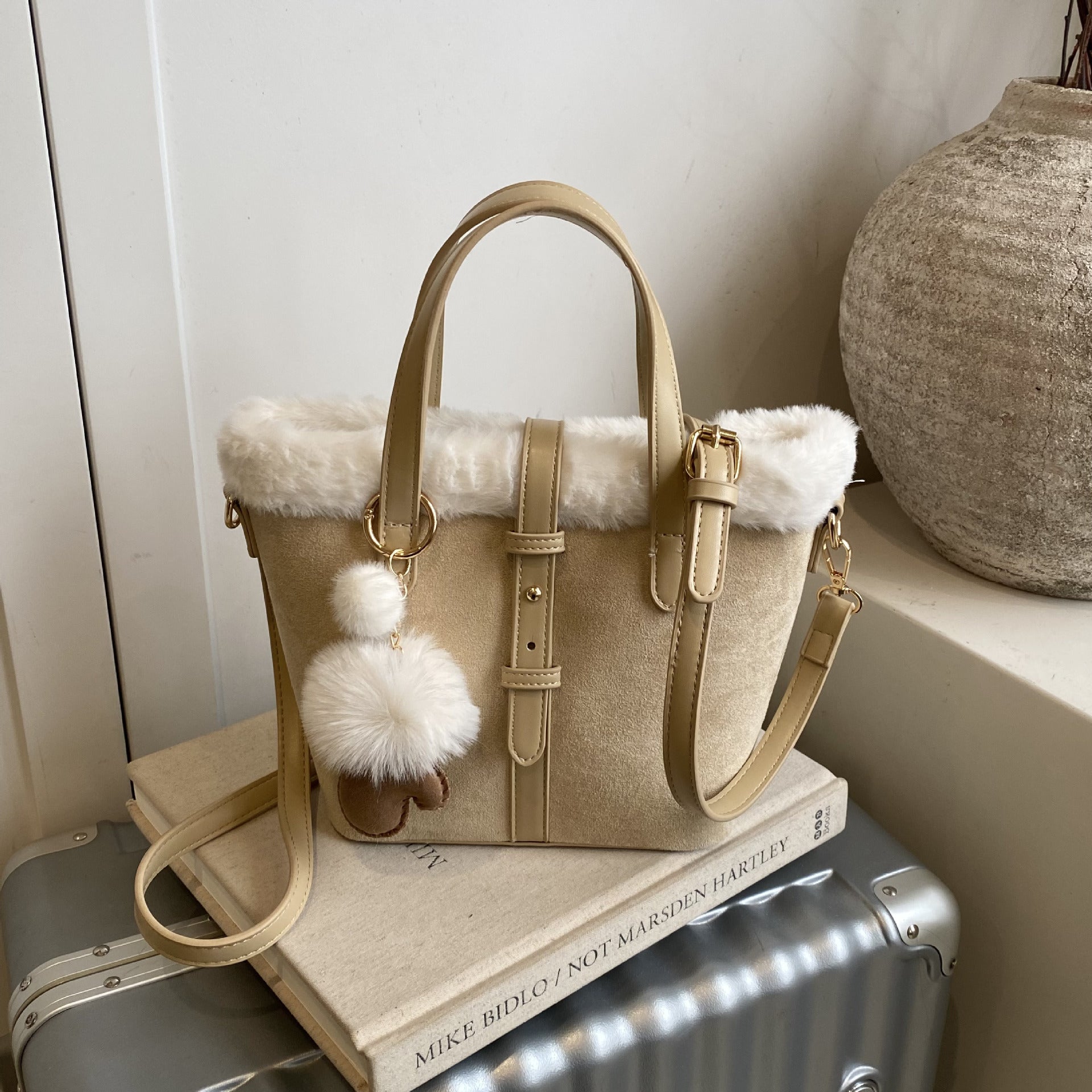 Large-Capacity Plush Splicing Shoulder Bag Retro Suede Handbag