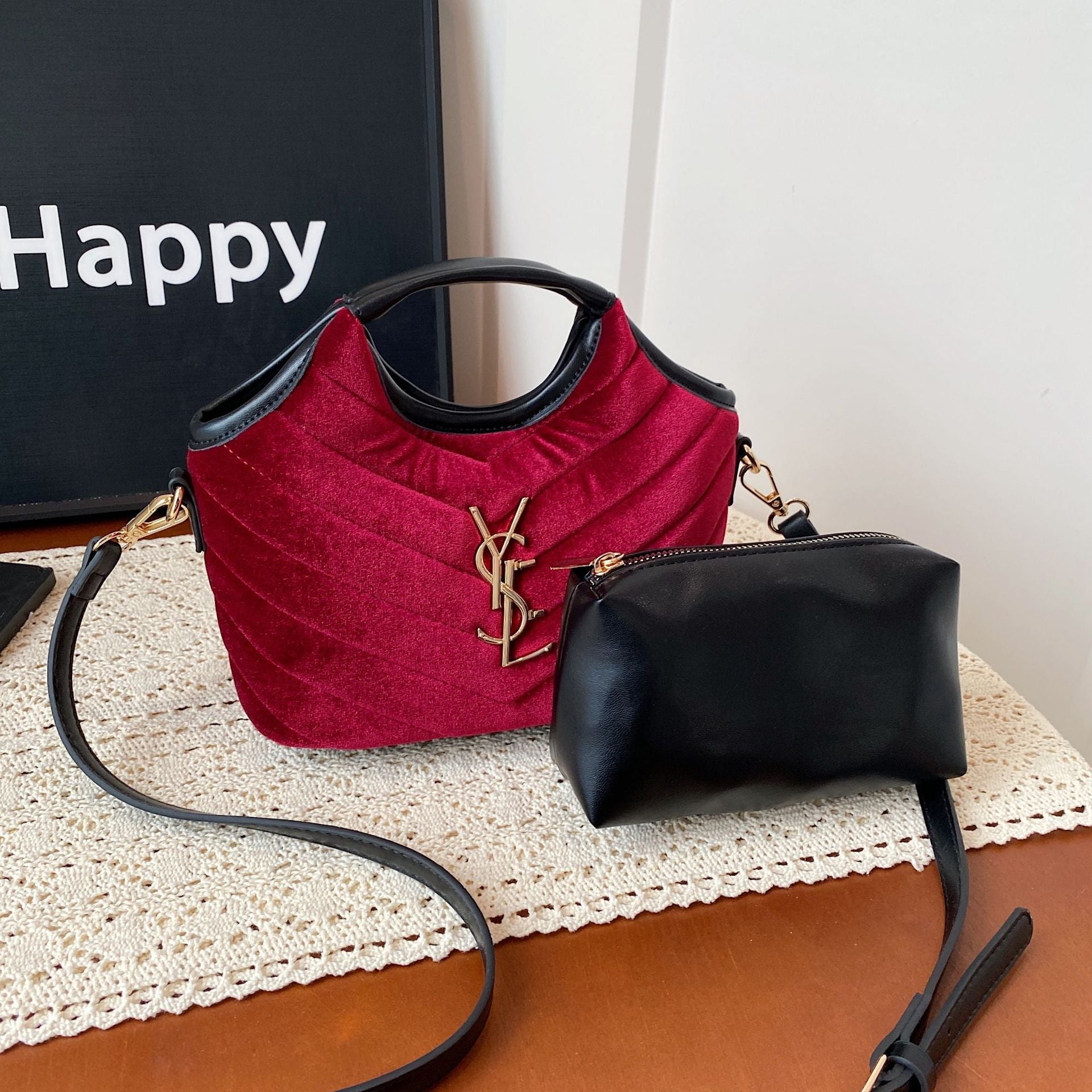 Suede Bucket Bag Rhombus Embroidery Chain Shoulder Bag