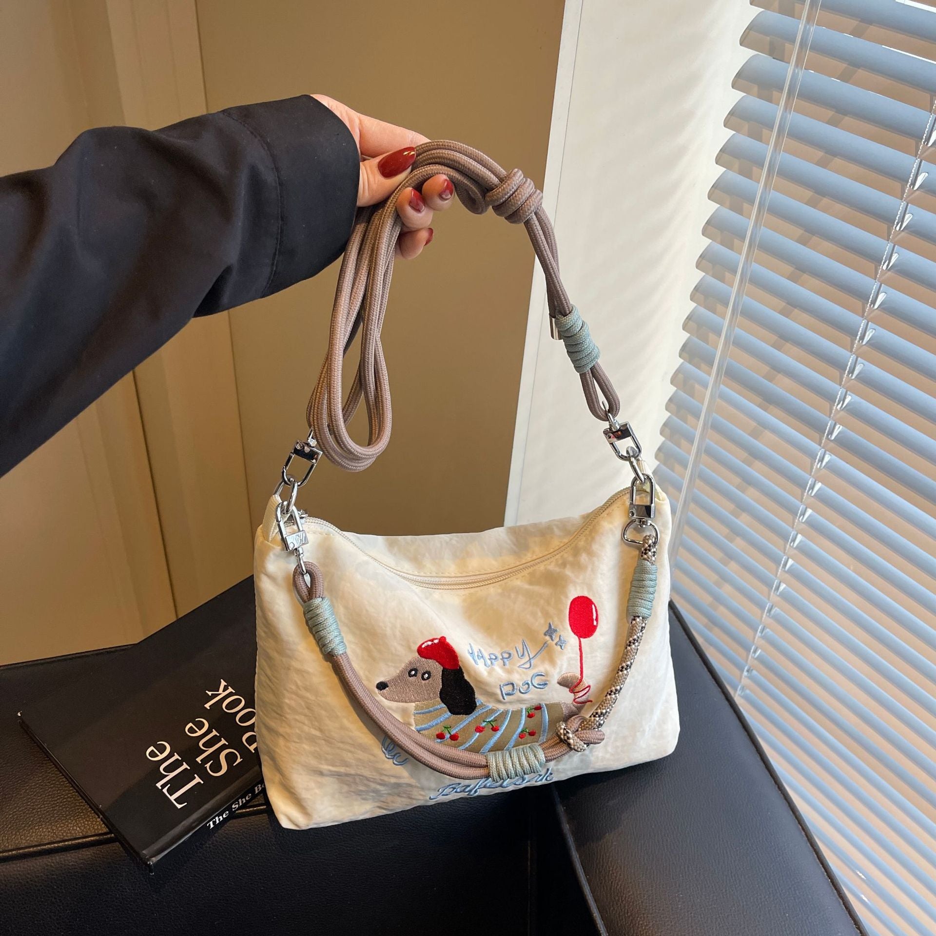 Cute Dachshund Embroidery Shoulder Bag with Ball Chain