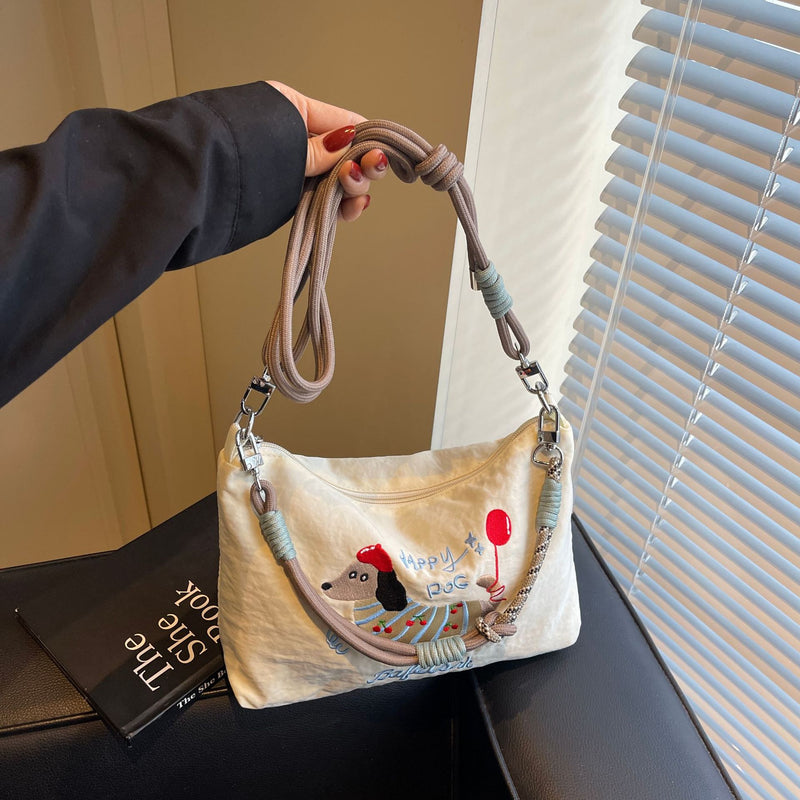 Cute Dachshund Embroidery Shoulder Bag with Ball Chain