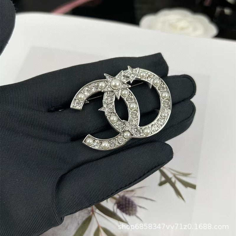 Double C Diamond Brooch Pearl Pin Luxury Women's Jewelry Gift