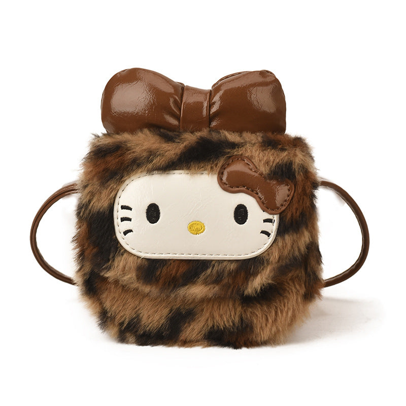 Cartoon Retro Leopard Hello Kitty Bucket Bag Plush Shoulder Bag