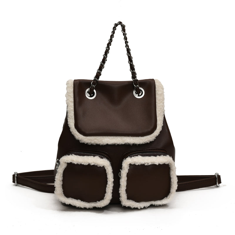 Retro Contrast Color Plush Backpack Fashionable Large Capacity