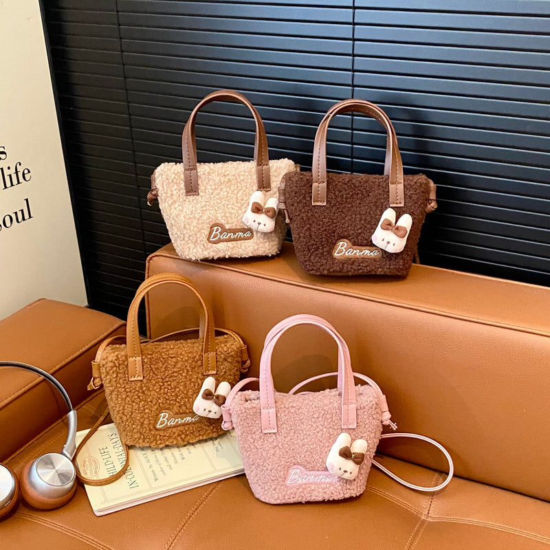 Cute Cartoon Plush Shoulder Bag Fashionable Splicing Handbag