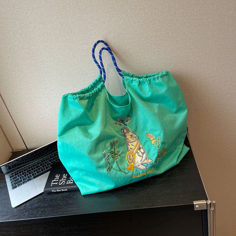 Rabbit Embroidery Shoulder Bag with Drawstring Chain