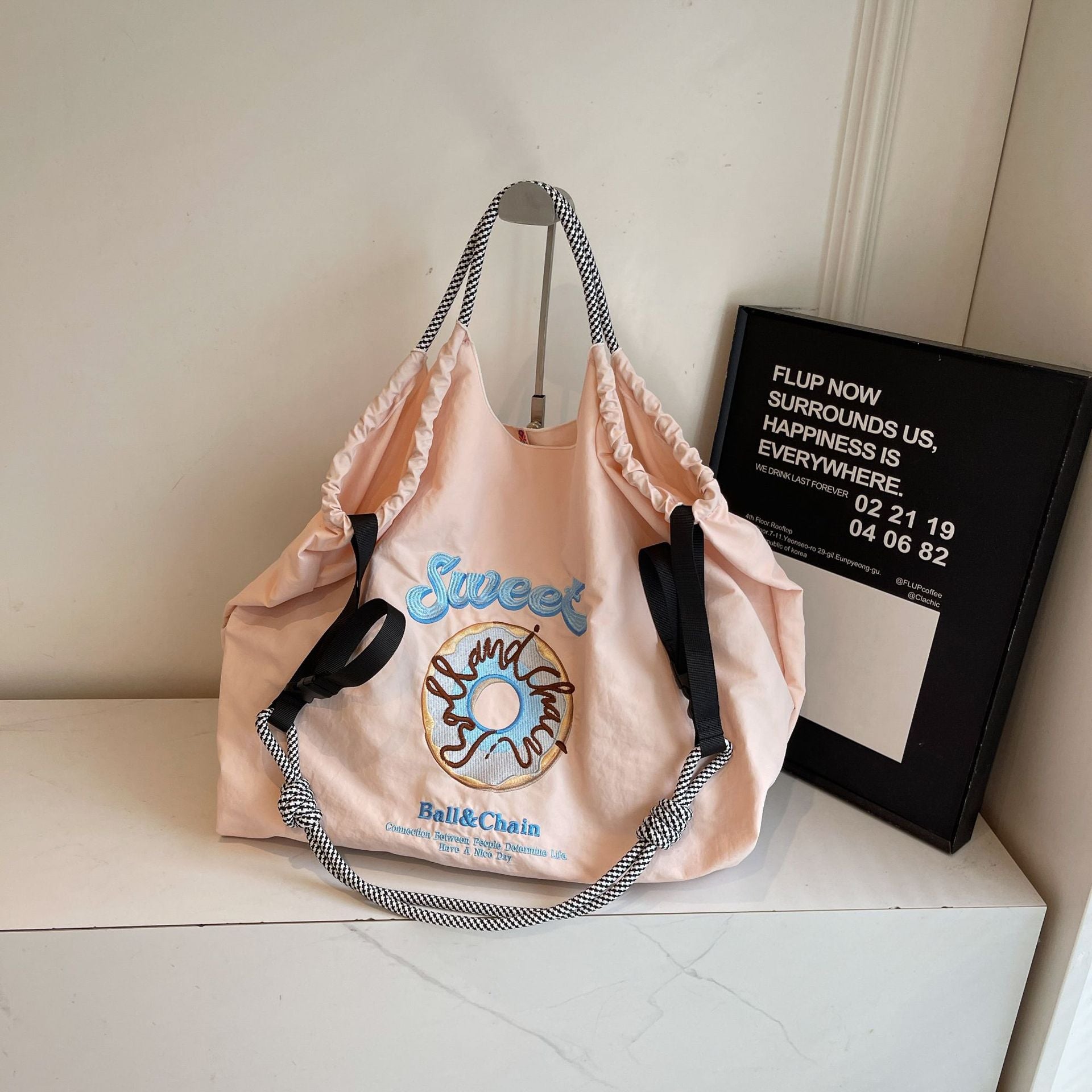 Embroidered Donut Ball Chain Nylon Bag Lightweight Eco-Friendly Shopping Bag