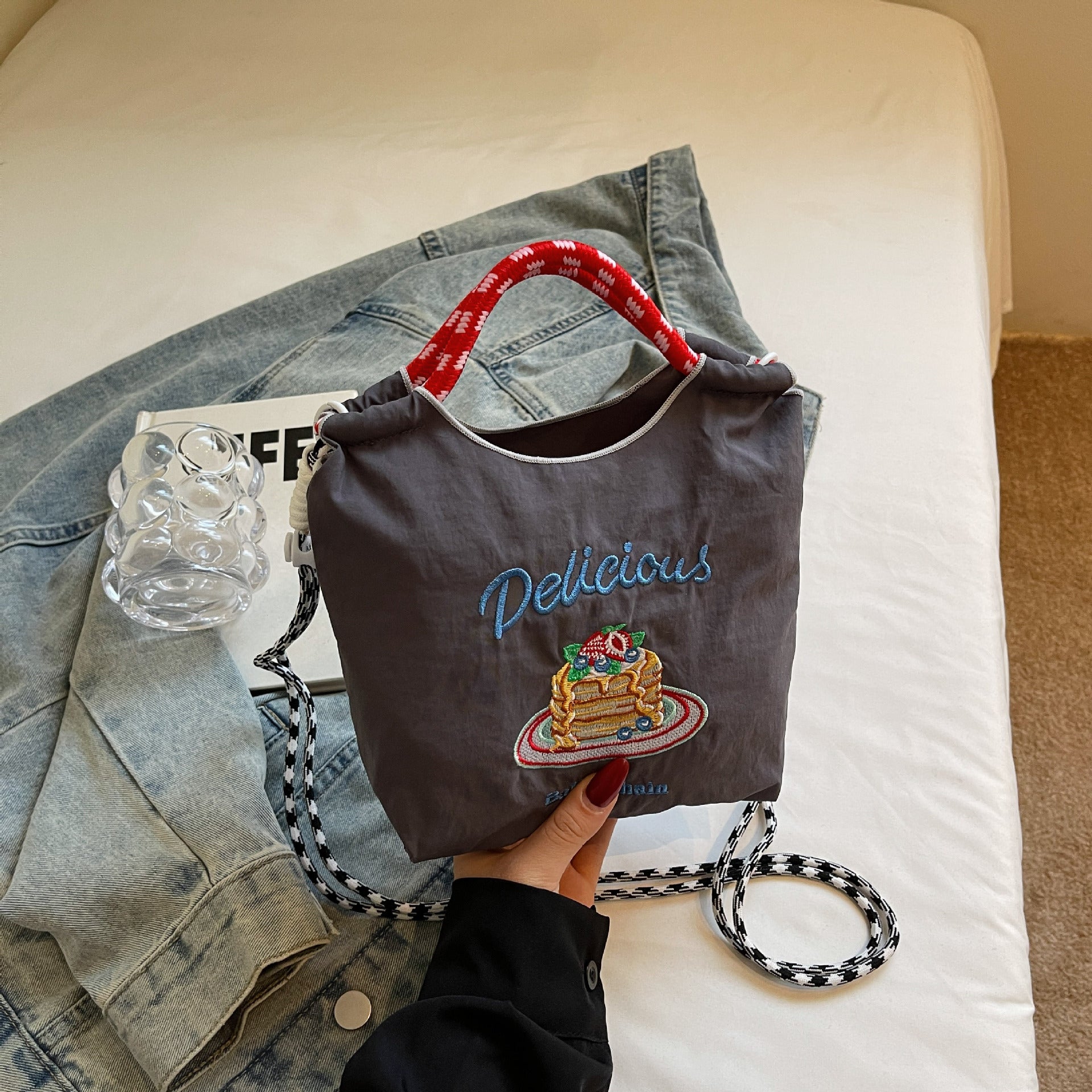 Ese Ball Chain Eco Shopping Tote Bag Cake Embroidered Nylon Messenger Bag