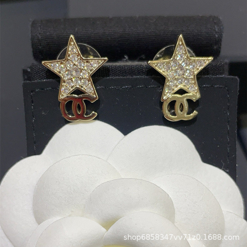 Star Double C Diamond Stud Earrings - Celebrity Style Antique Design