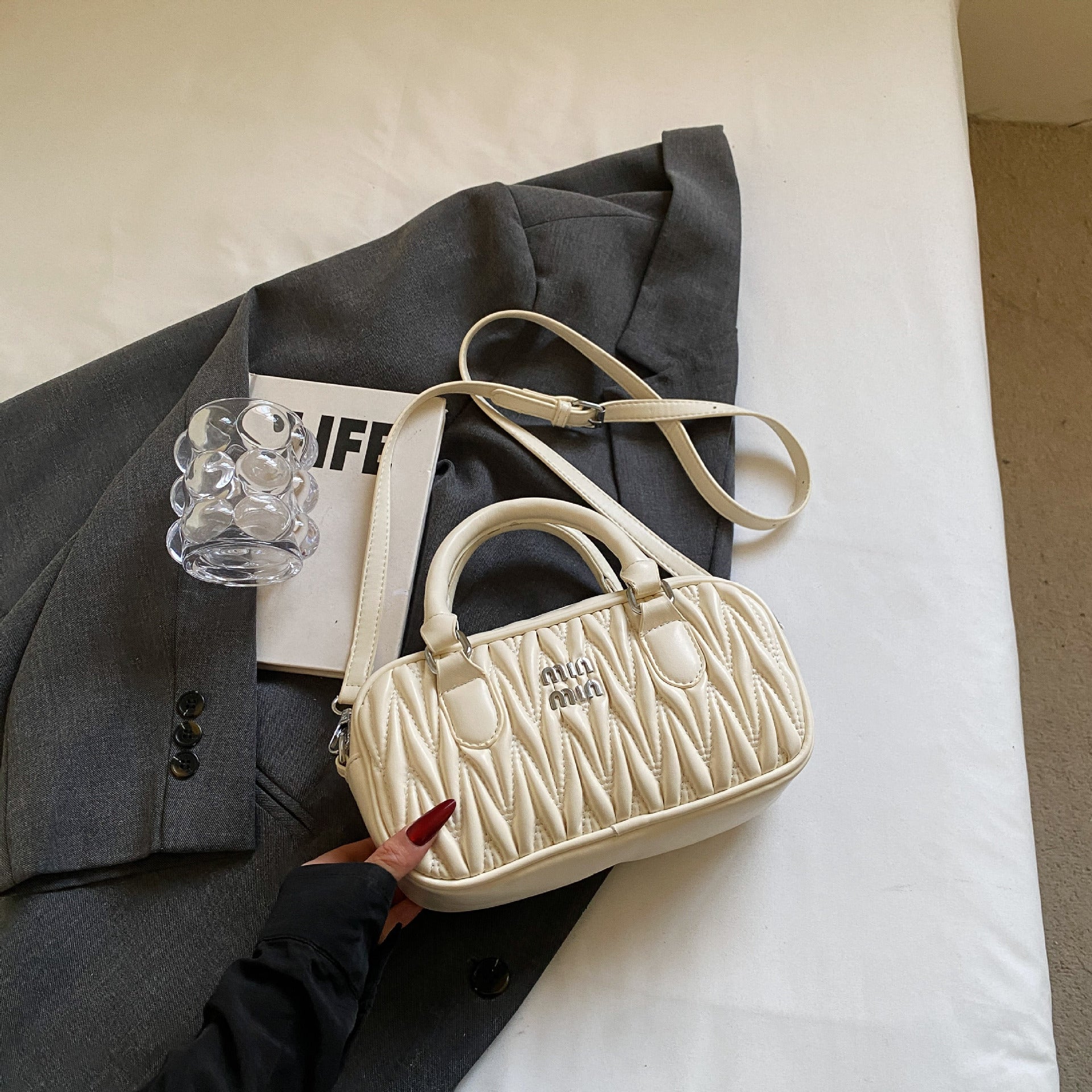 Mi.U Small Square Pleated Embroidery Shoulder Bag for Women