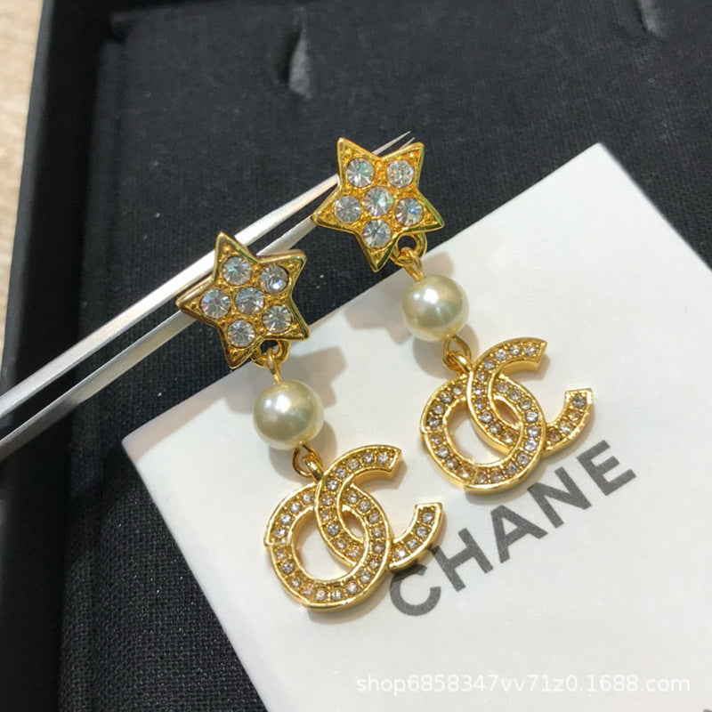 Star Double C Diamond Stud Earrings - Celebrity Style Antique Design
