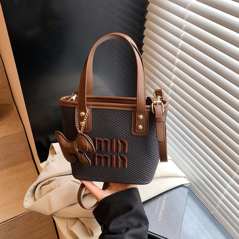 Trend Miu Embroidered Bucket Bag Casual Messenger Handbag